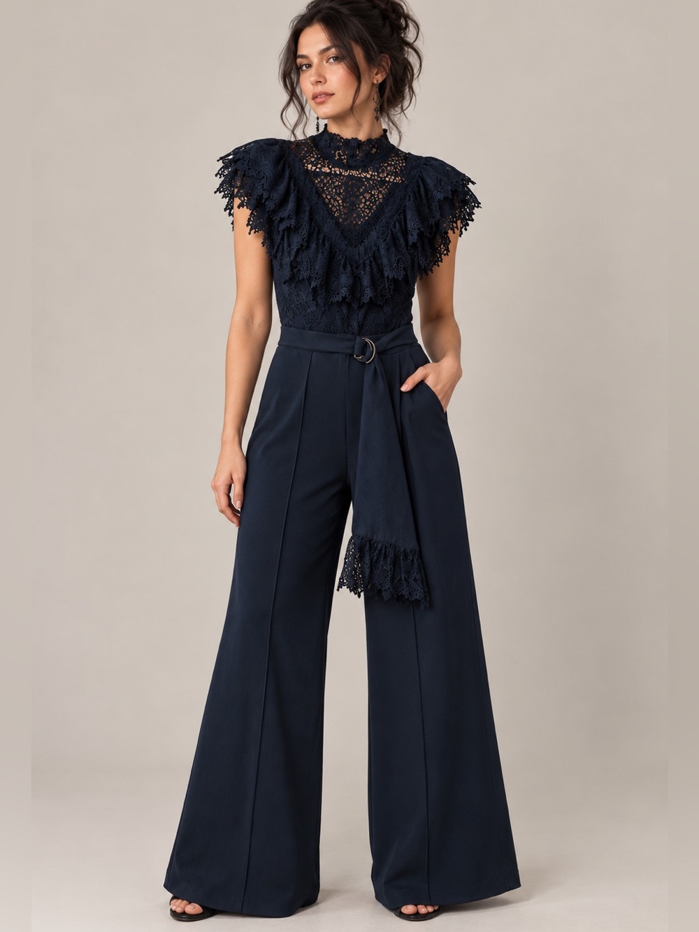 VALENTINE Dark Romantic Victorian Gothic Lace Belted Wide Leg Jumpsuit Size M